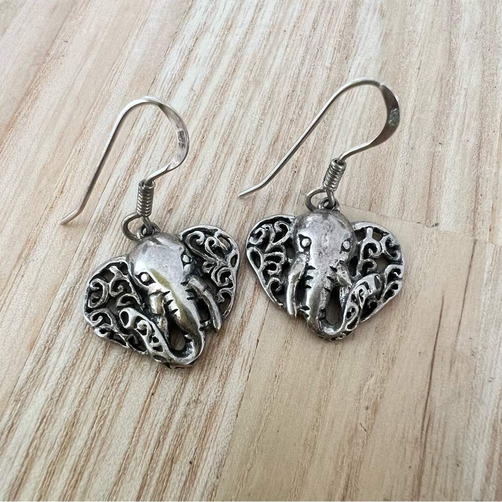 925 Sterling silver elephant dangle earrings on hooks